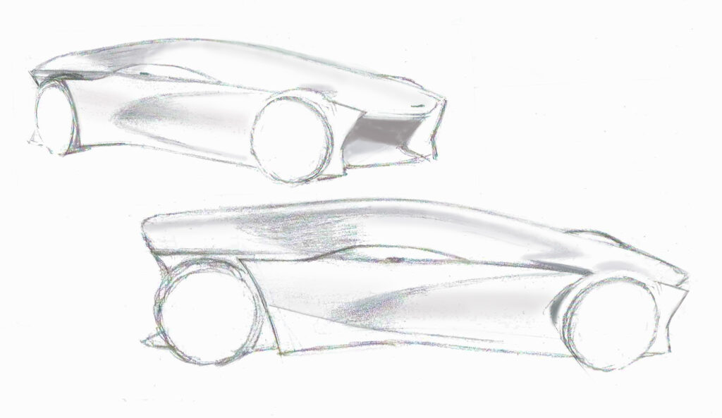 Cadillac mid-engine side and front 3/4 exterior form study sketch