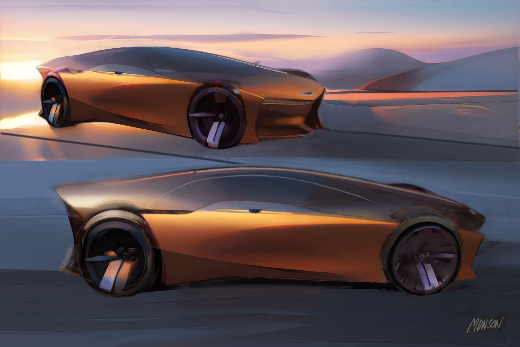 Cadillac Mid-Engine coupe concept, side and rear 3/4 view using vizcom.ai